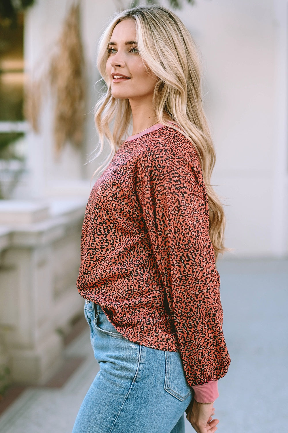 Leopard Round Neck Long Sleeve Sweatshirt 