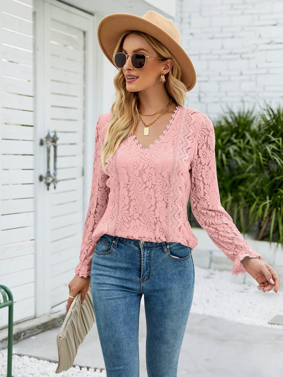 Lace V-Neck Flounce Sleeve Blouse