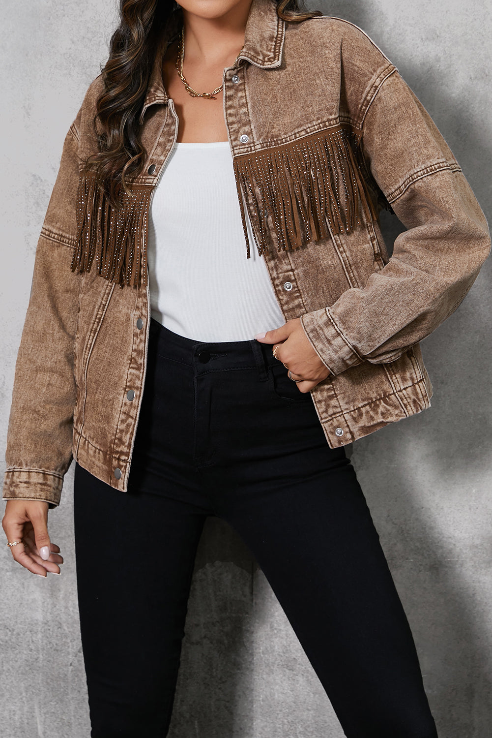 Fringe Trim Snap Down Denim Jacket 