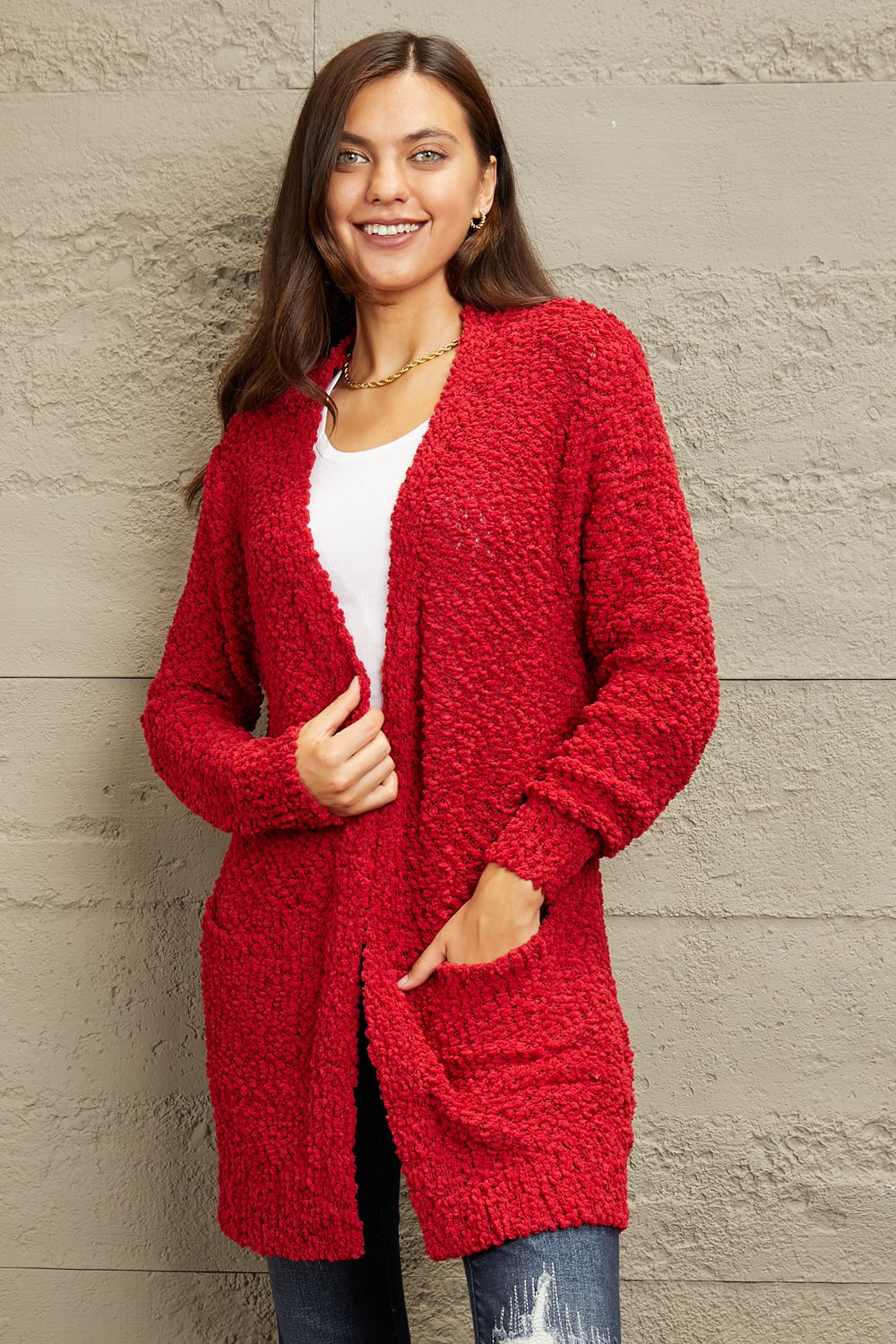 Zenana Falling For You Full Size Open Front Popcorn Cardigan 