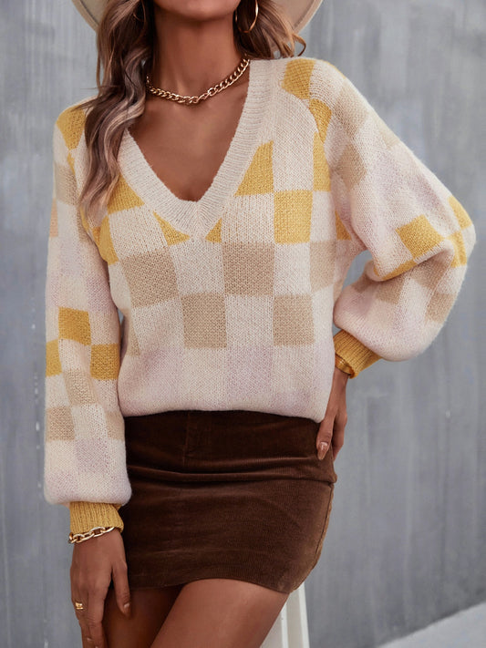 Checkered V-Neck Lantern Sleeve Sweater 