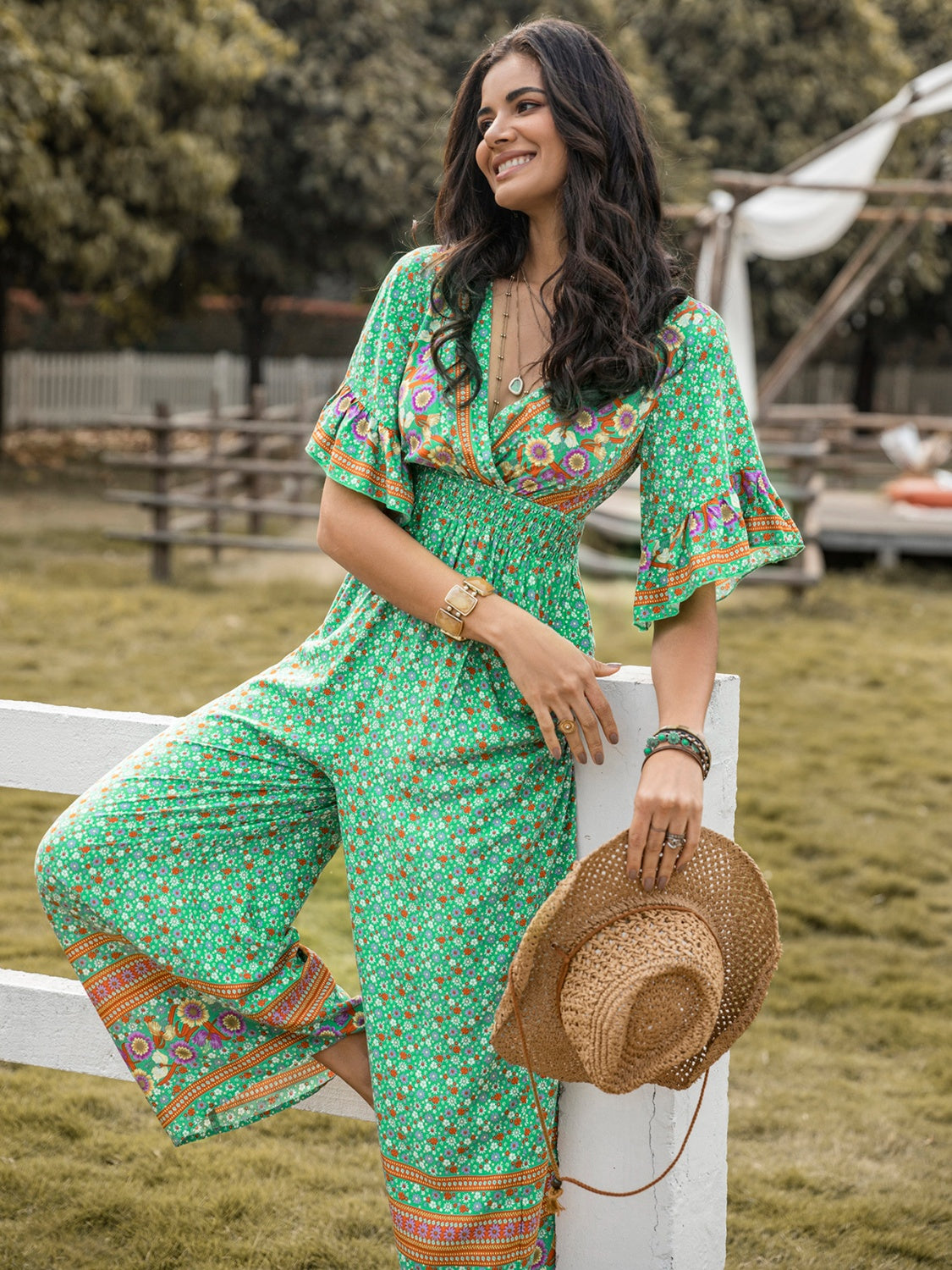 Floral Surplice Flutter Sleeve Jumpsuit 