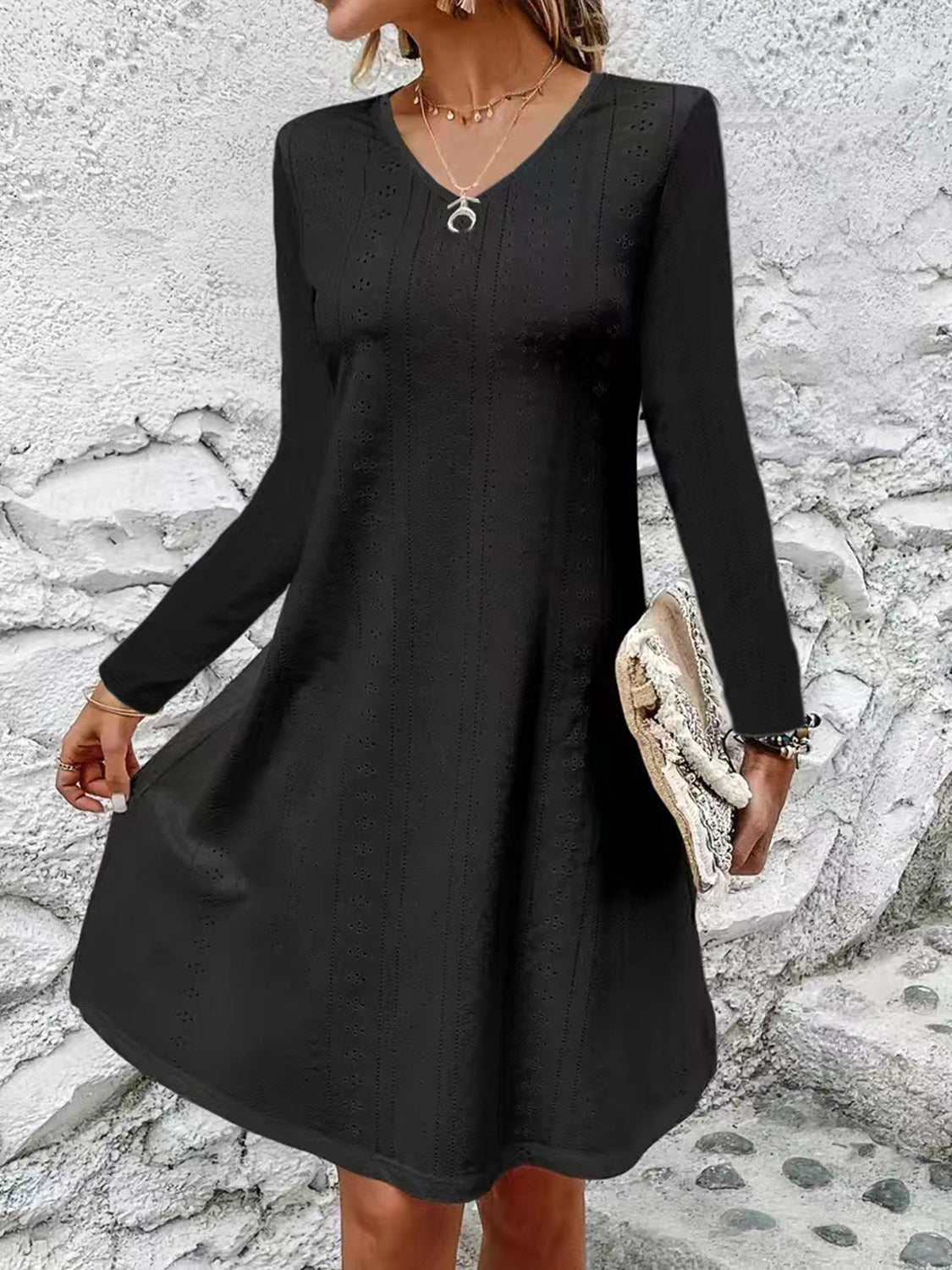 Eyelet V-Neck Long Sleeve Mini Dress 