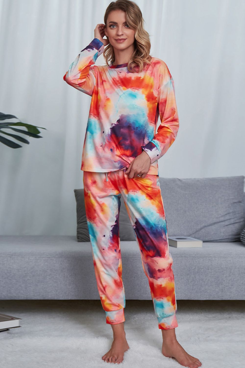 Tie-Dye Crewneck Top and Drawstring Waist Joggers Lounge Set 