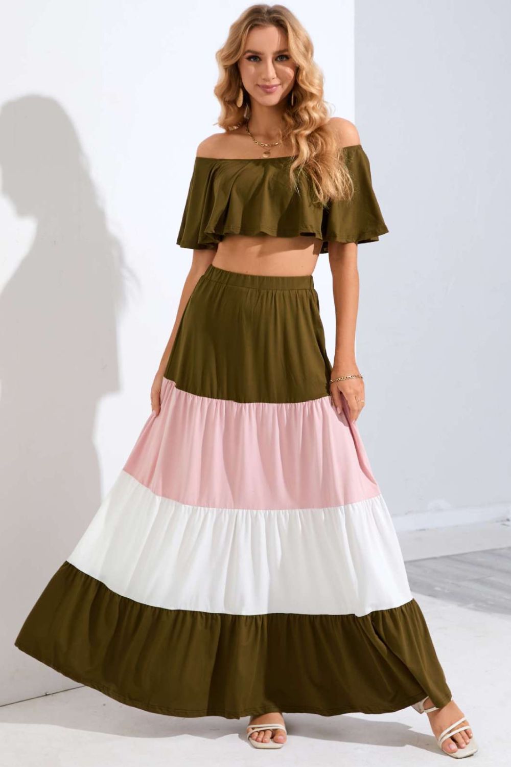 Off-Shoulder Crop Top and Color Block Tiered Skirt Set 