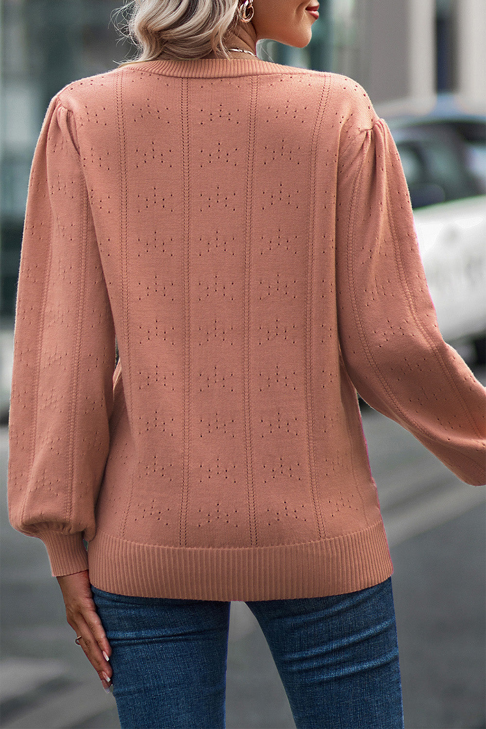 Eyelet V-Neck Lantern Sleeve Sweater 