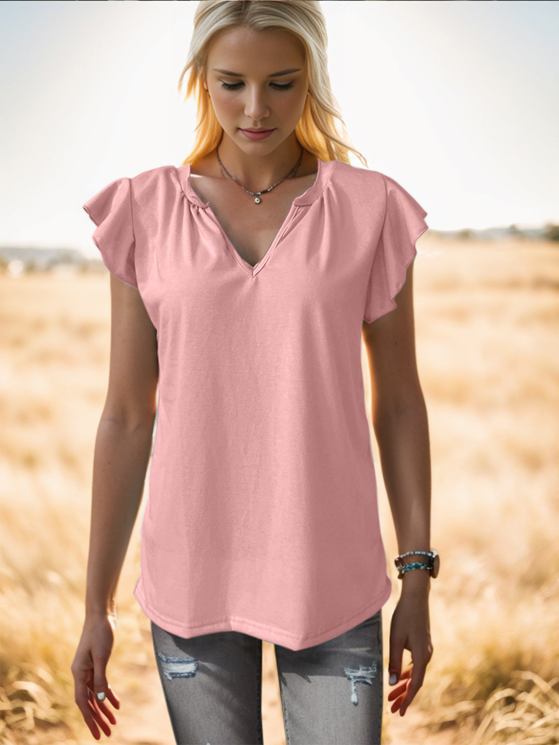 Ruffled Notched Cap Sleeve Tank 