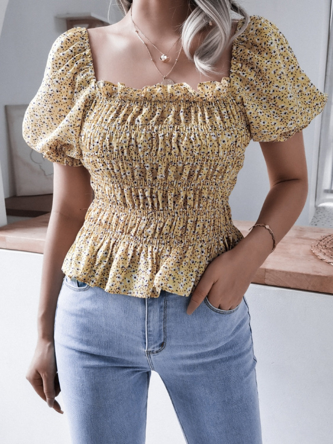 Frill Smocked Square Neck Short Sleeve Blouse 