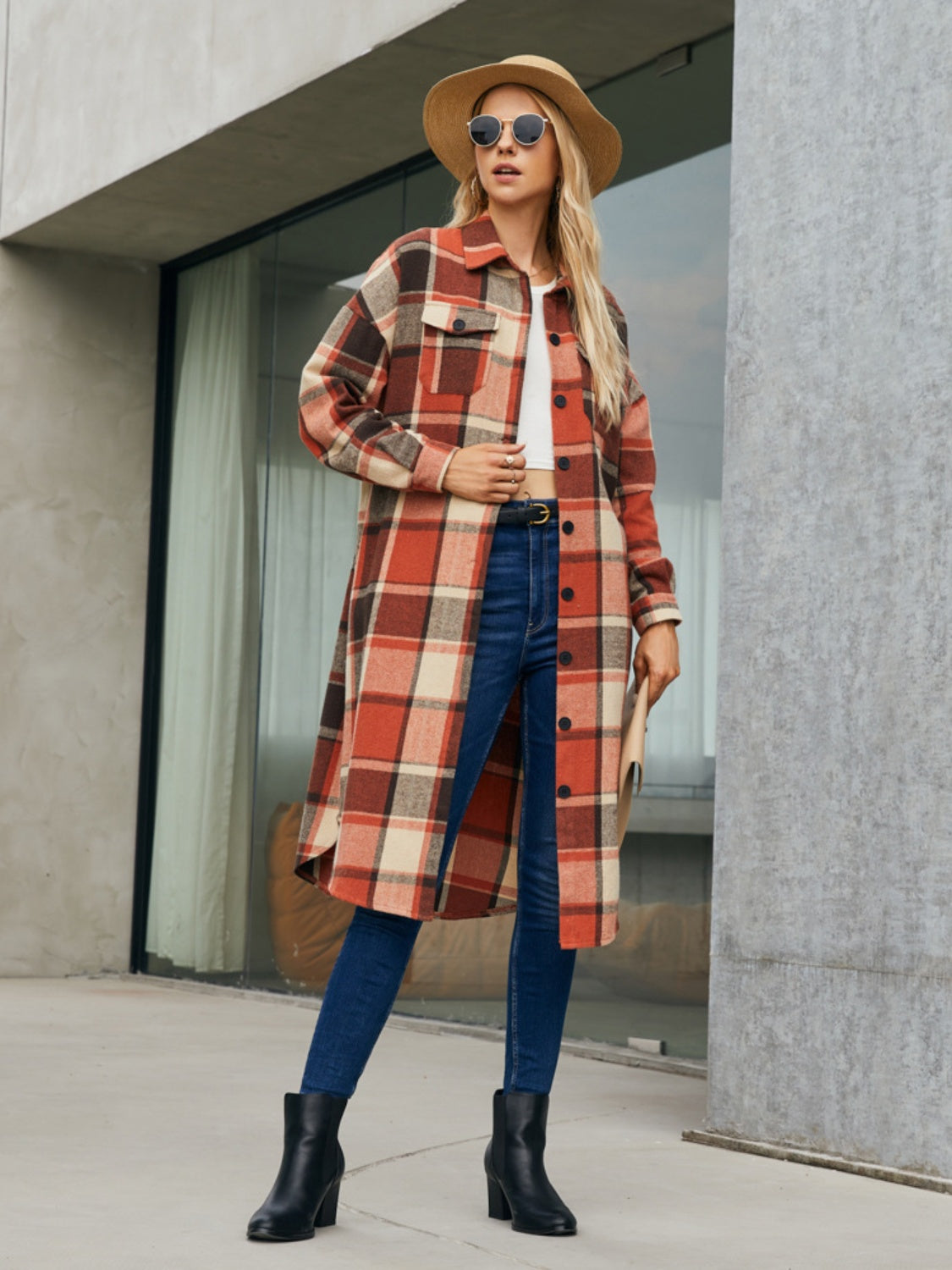 Plaid Pocketed Button Up Trench Coat 