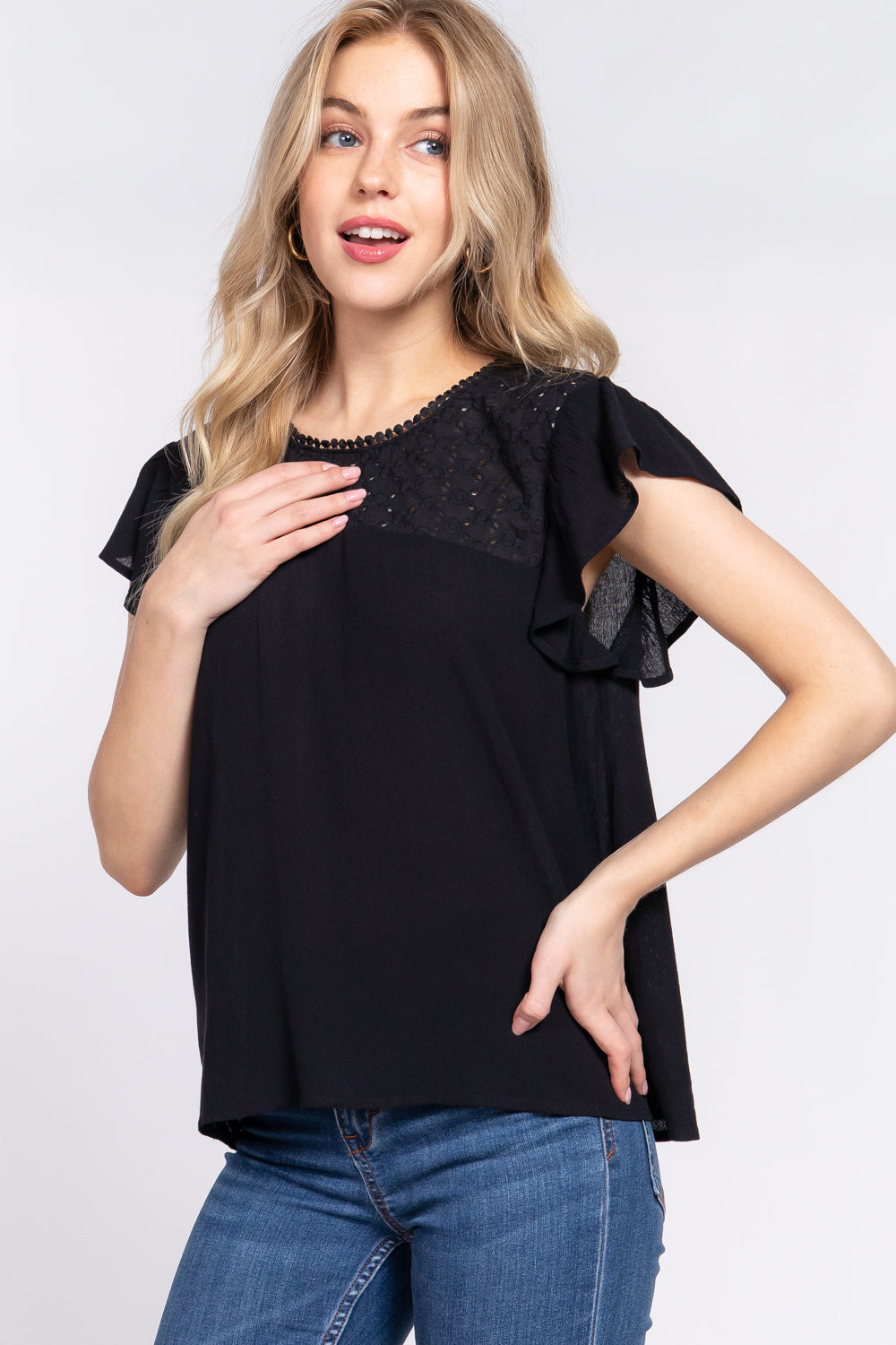 ACTIVE BASIC Ruffle Short Sleeve Crochet Blouse 