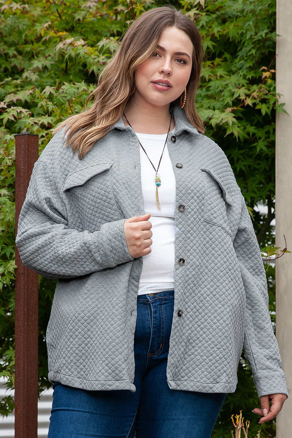 Plus Size Collared Neck Button Up Pocketed Jacket 