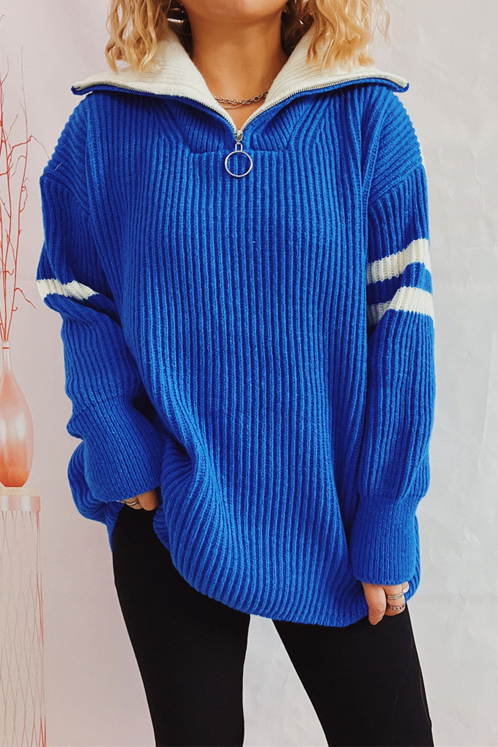 Quarter Zip Striped Dropped Shoulder Sweater 