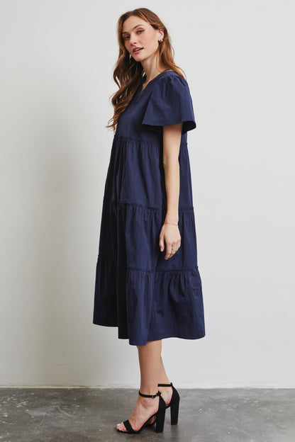 HEYSON Full Size Cotton Poplin Ruffled Tiered Midi Dress 