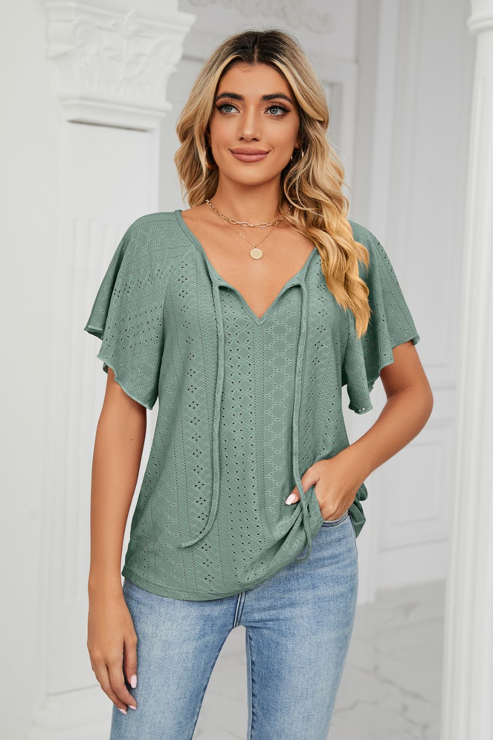 Eyelet Tie-Neck Flutter Sleeve Top 