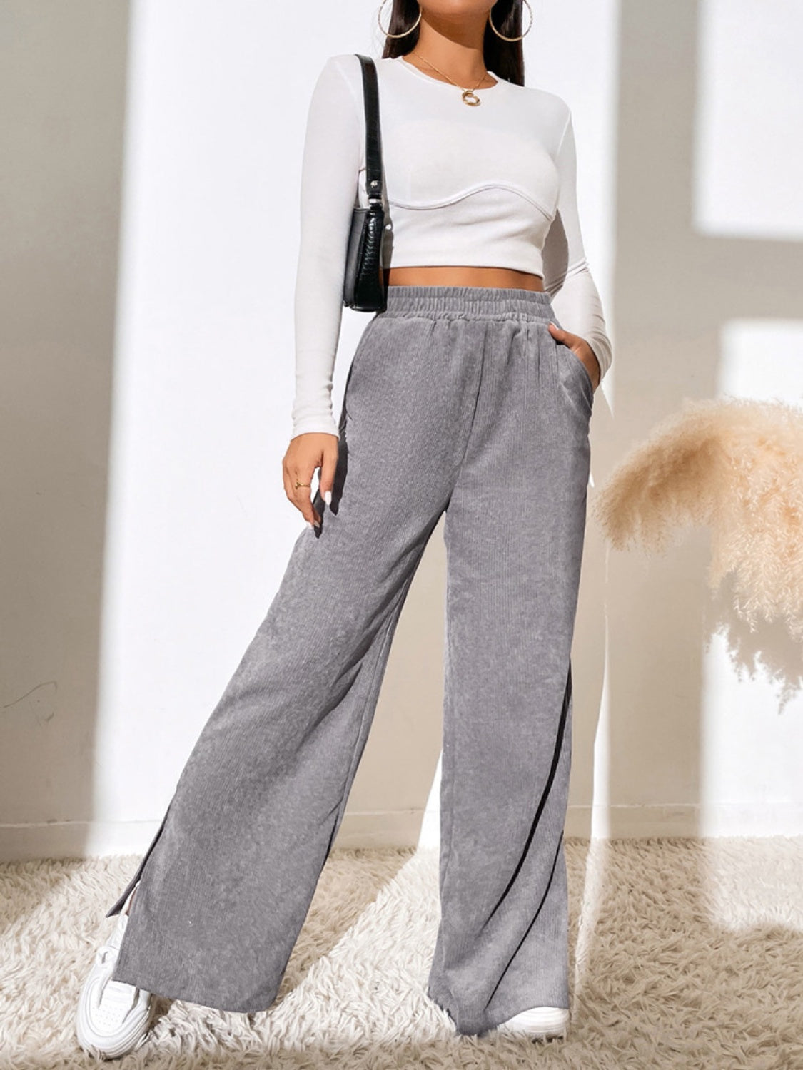 Slit Pocketed High Waist Wide Leg Pants 