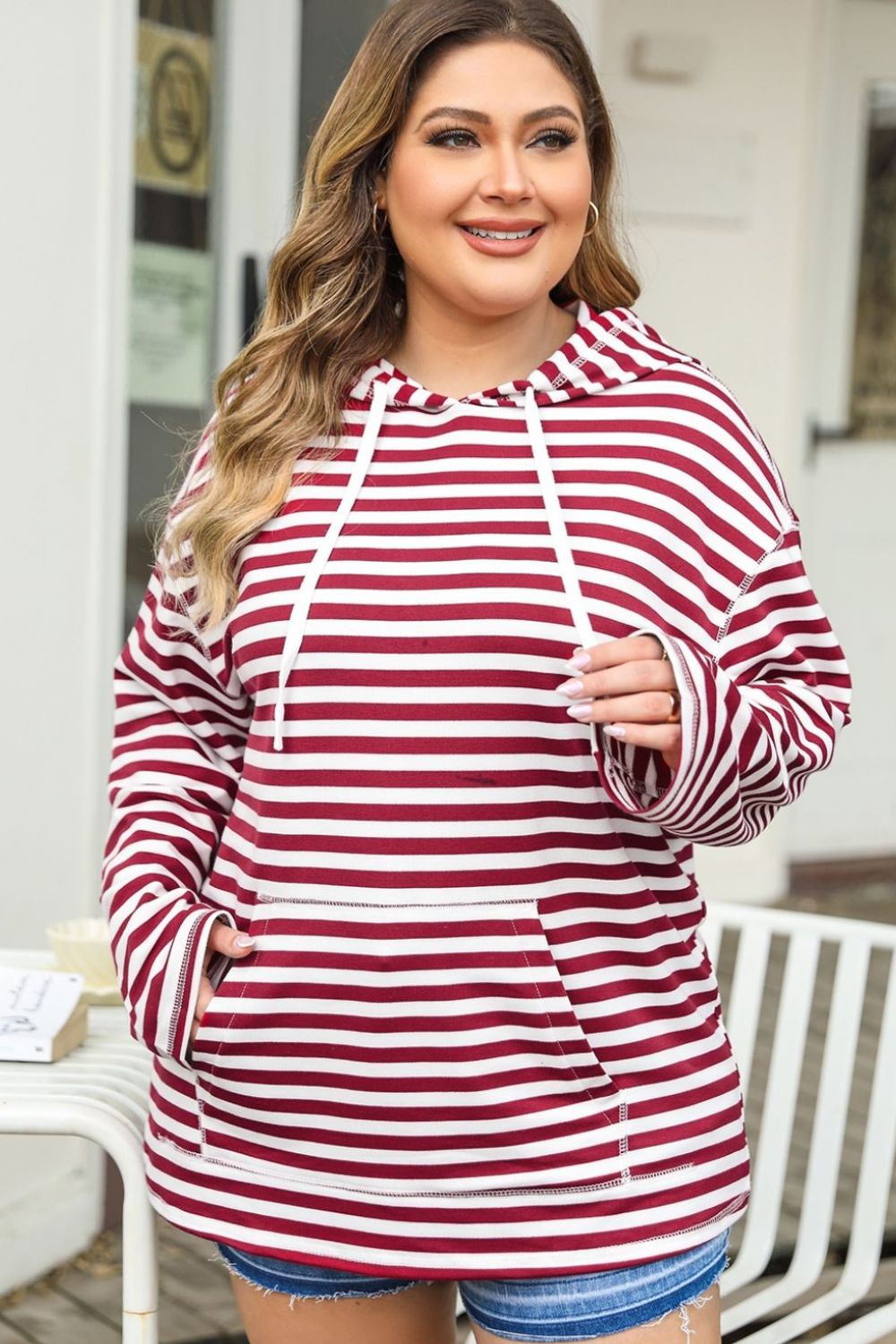 Plus Size Drawstring Striped Dropped Shoulder Hoodie 