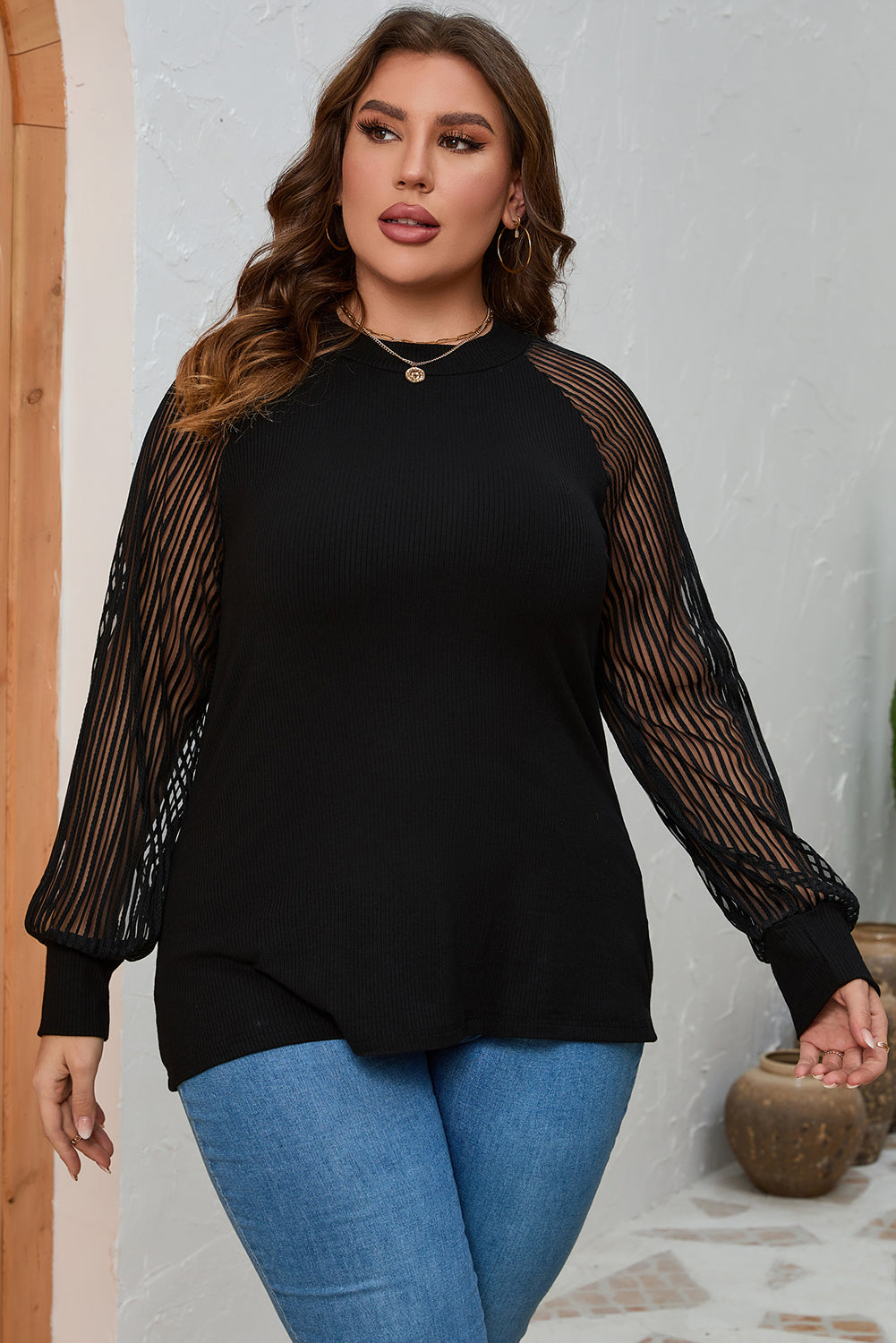 Plus Size Round Neck Long Sleeve Blouse 