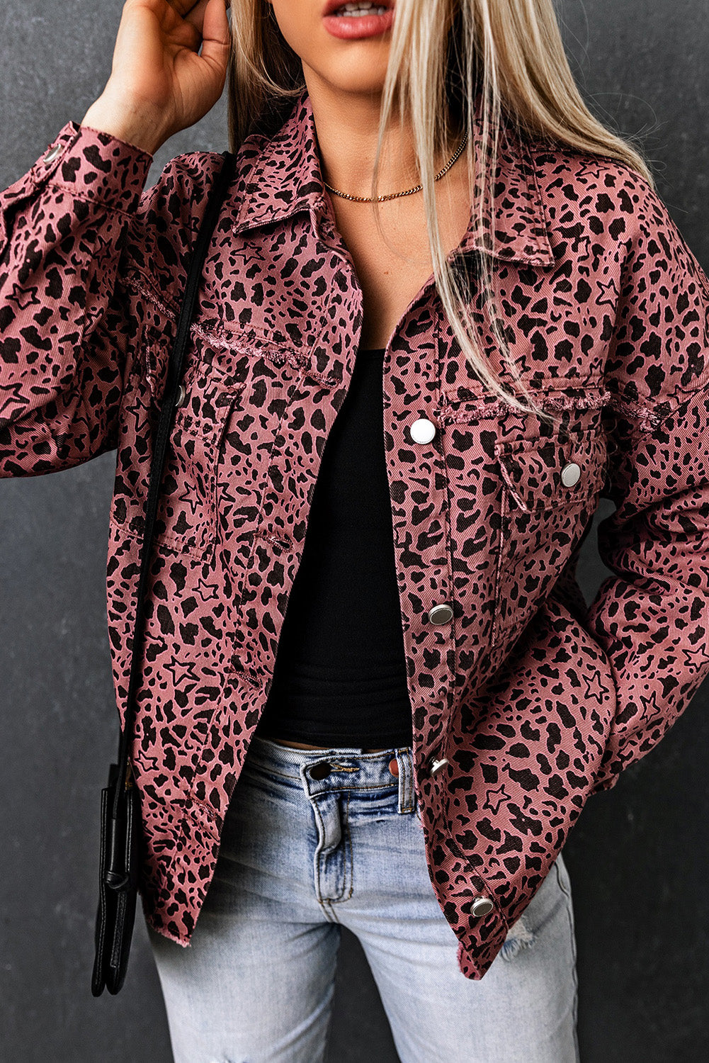 Leopard Raw Hem Button Up Denim Jacket 