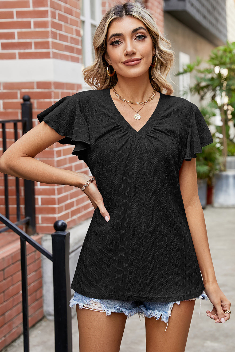 Eyelet V-Neck Flutter Sleeve T-Shirt 