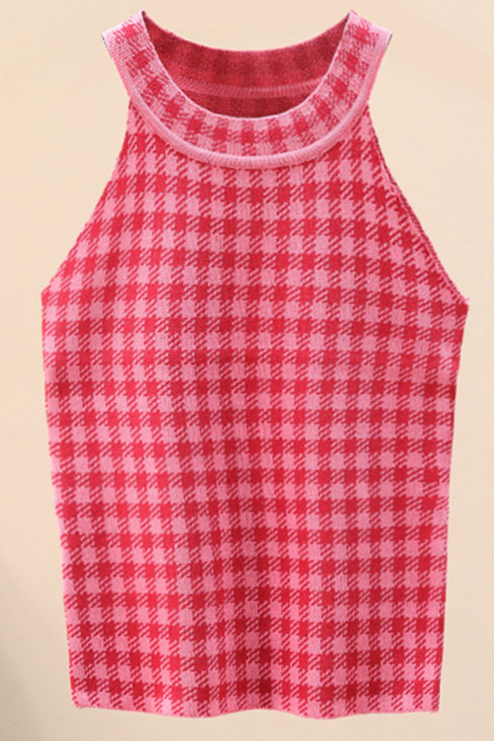 Plaid Round Neck Sleeveless Knit Top 