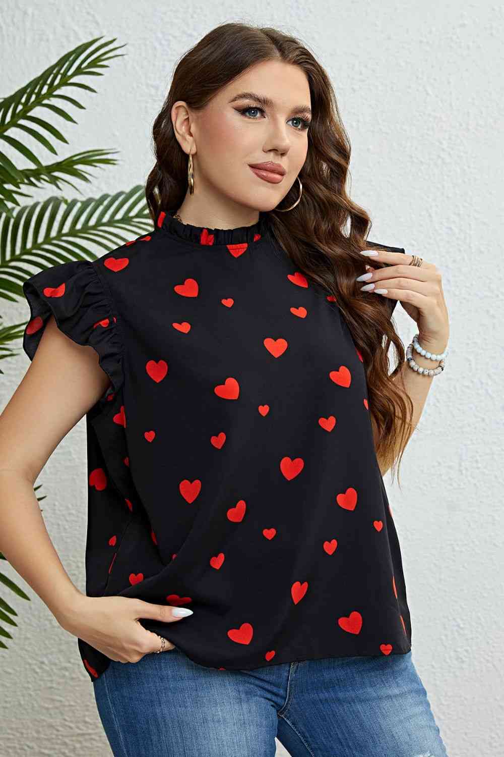 Plus Size Heart Print Butterfly Sleeve Mock Neck Top 