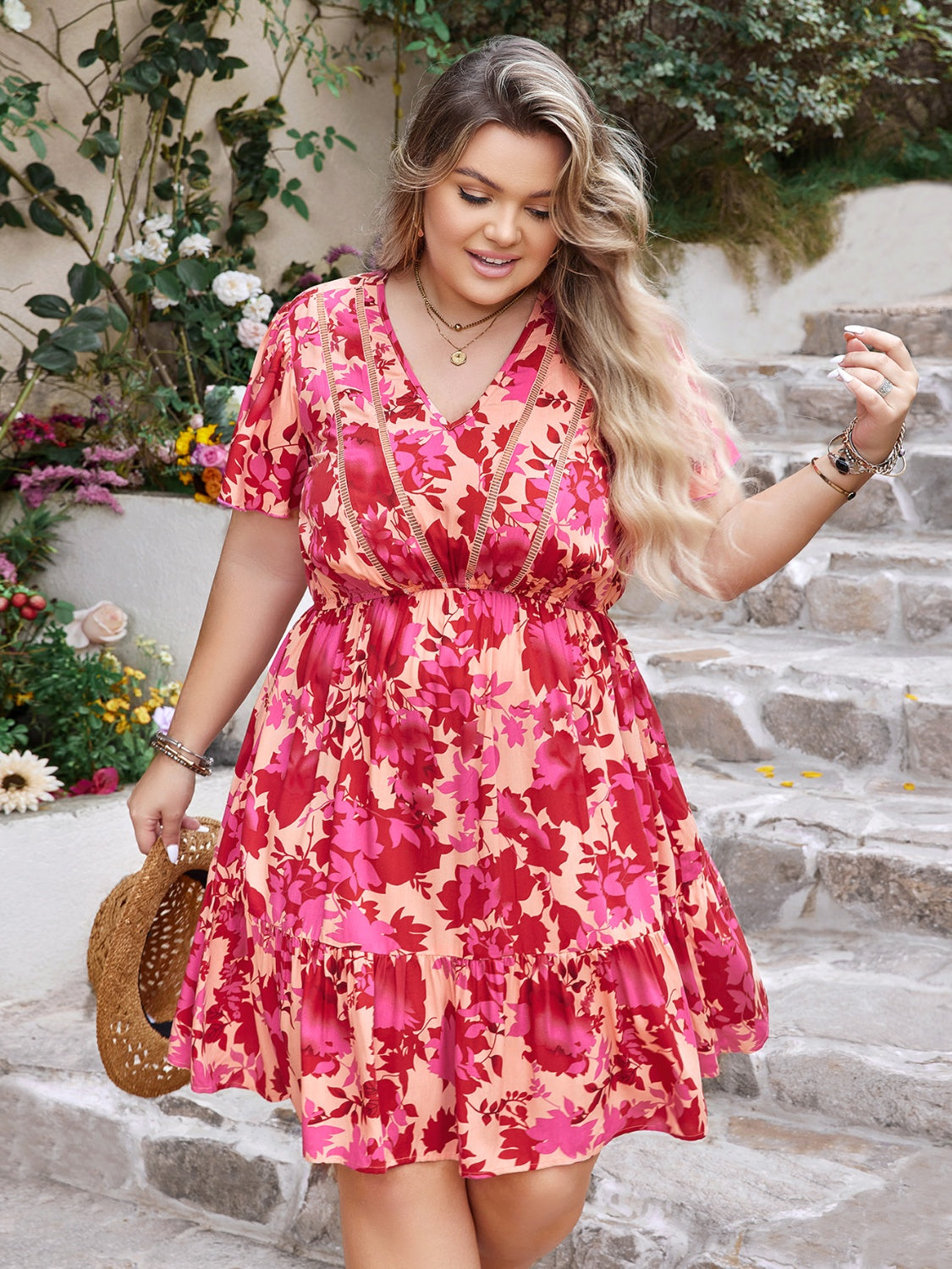 Plus Size Printed V-Neck Flutter Sleeve Dress 