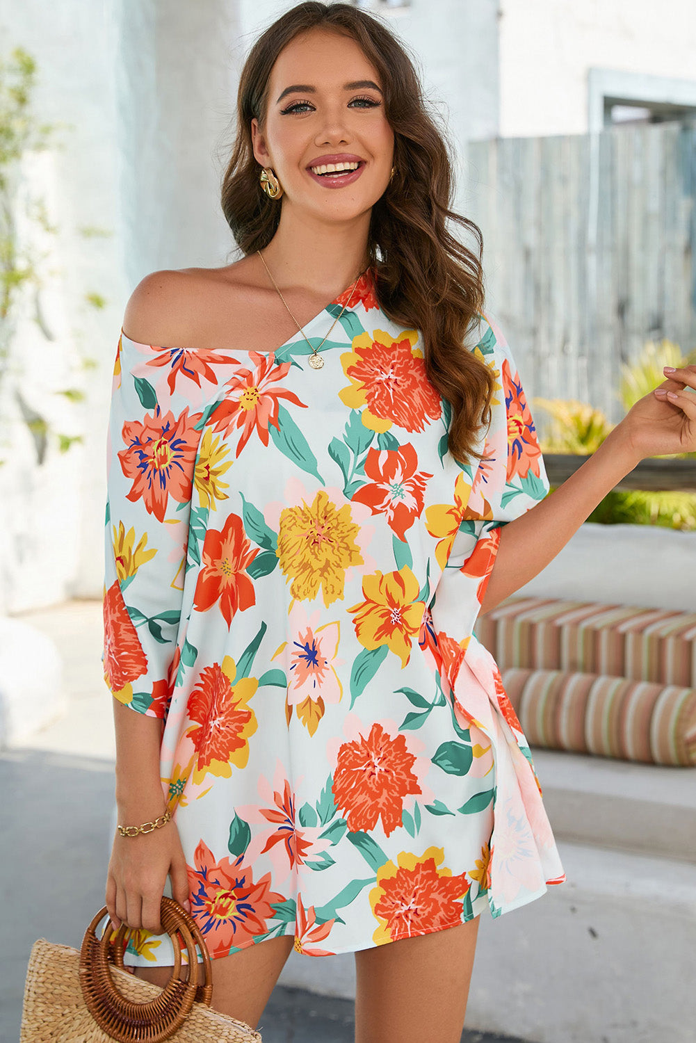 Floral V-Neck Tunic Blouse 