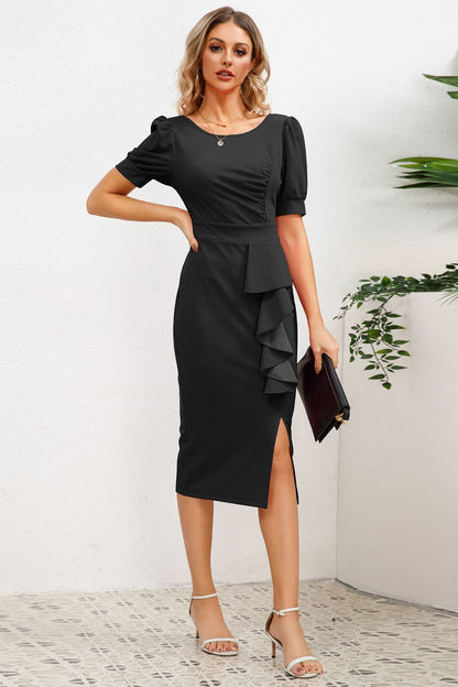 Slit Ruffled Puff Sleeve Midi Dress