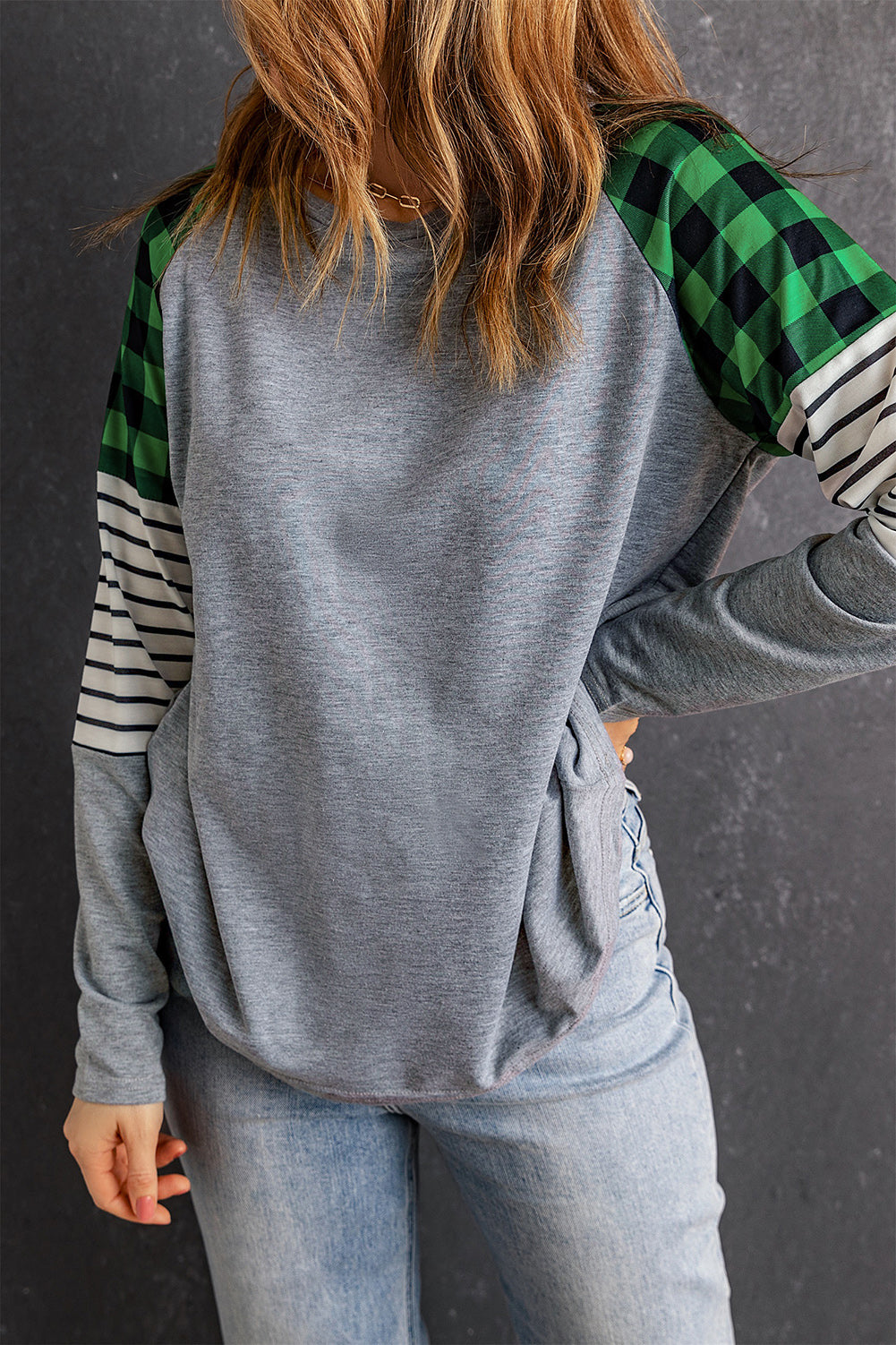 Striped Plaid Round Neck Long Sleeve T-Shirt 