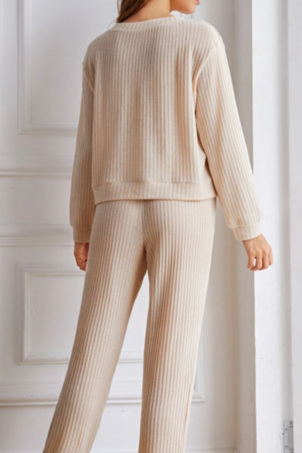 Waffle-Knit Long Sleeve Top and Pants Set 