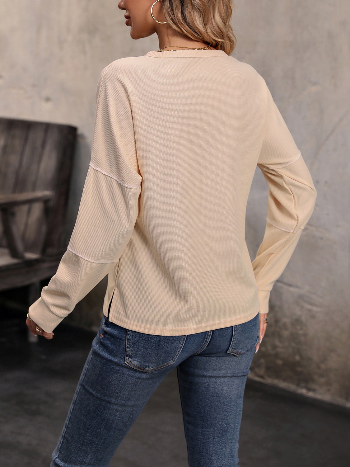 Round Neck Buttoned Slit Long Sleeve Top 