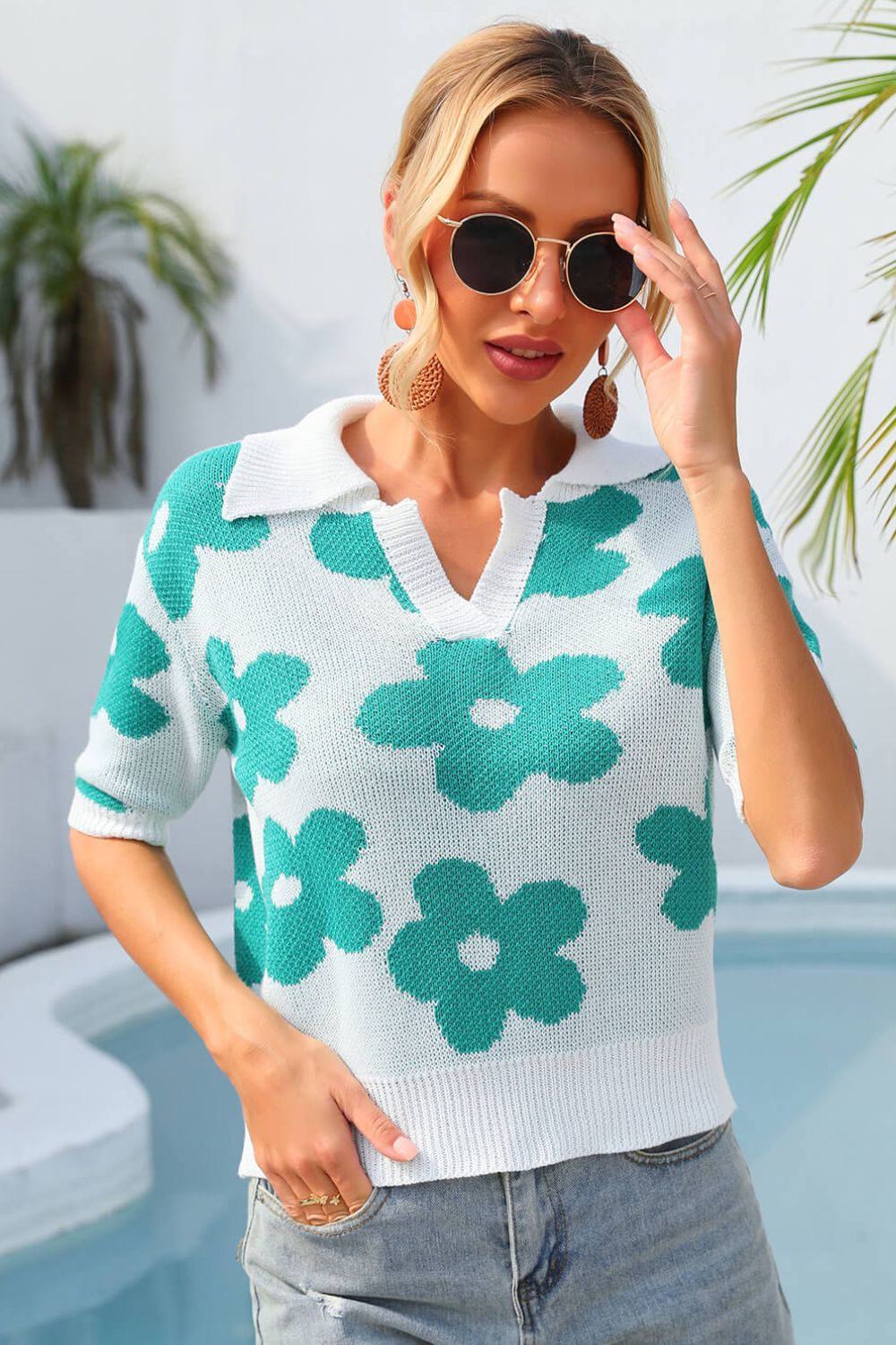 Floral Johnny Collar Half Sleeve Knit Top 