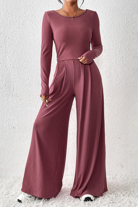 Ribbed Round Neck Top and Wide-Leg Pants Set - Babbazon