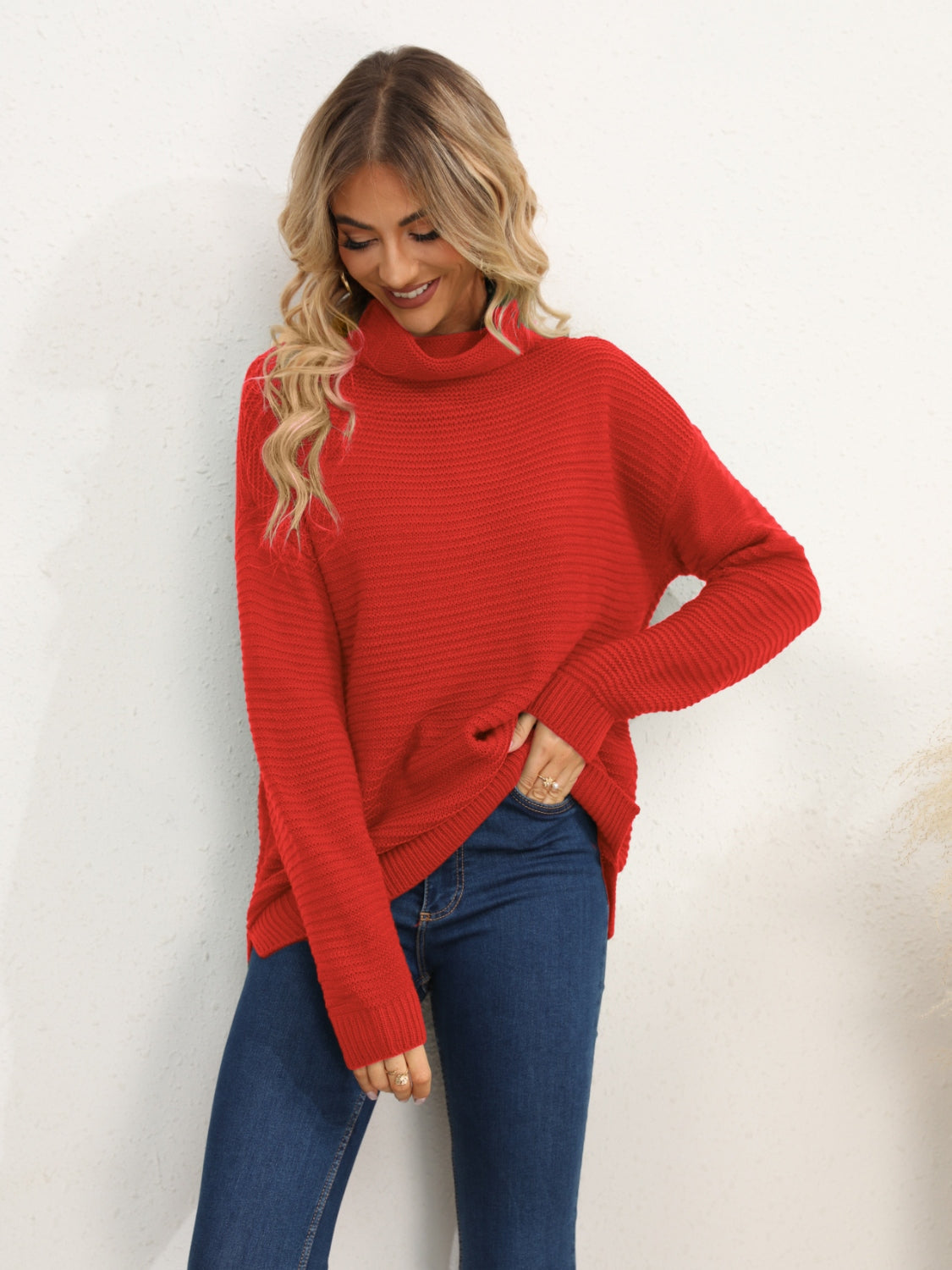 Slit Turtleneck Dropped Shoulder Sweater