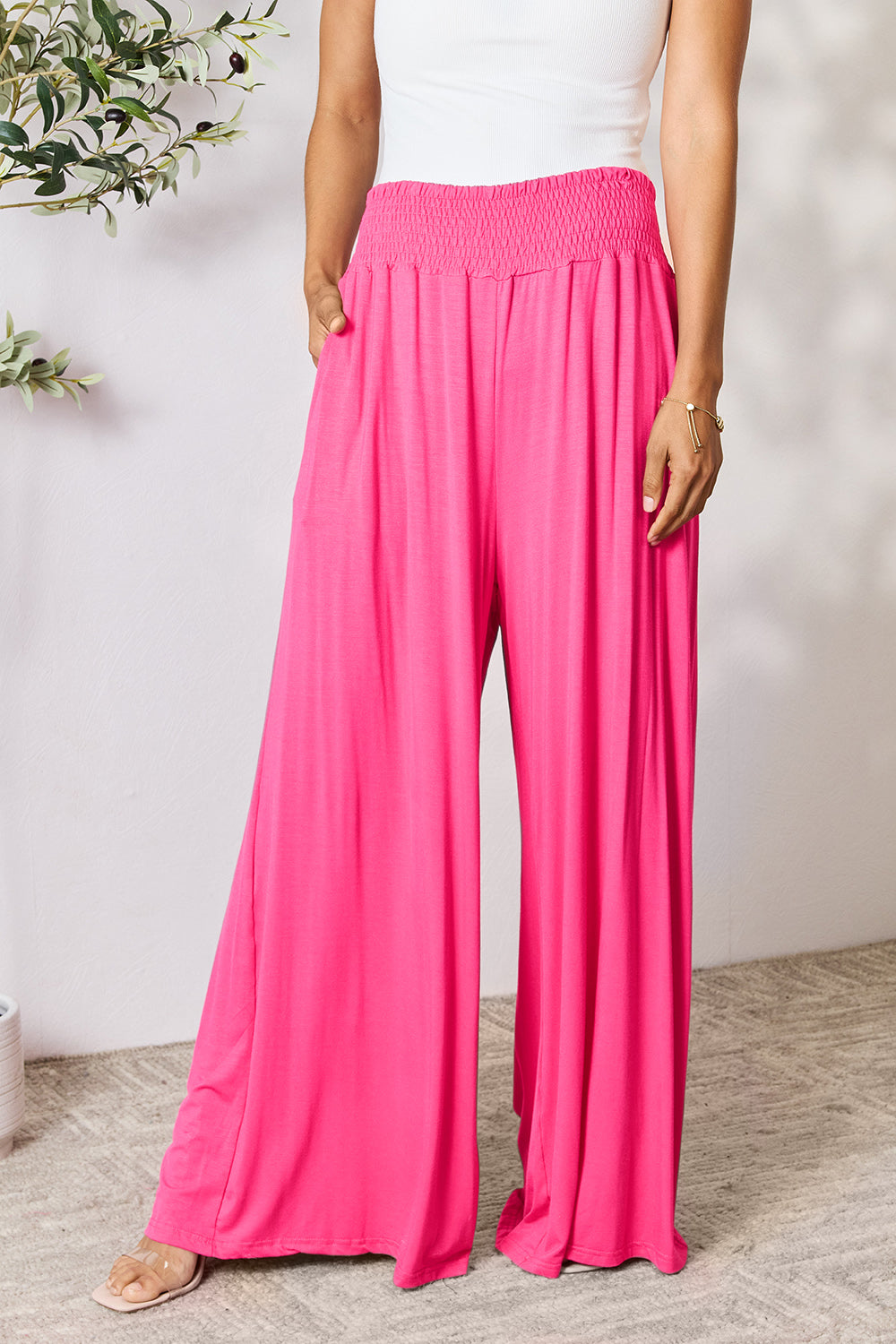 Double Take Full Size Smocked Wide Waistband Wide Leg Pants - Babbazon