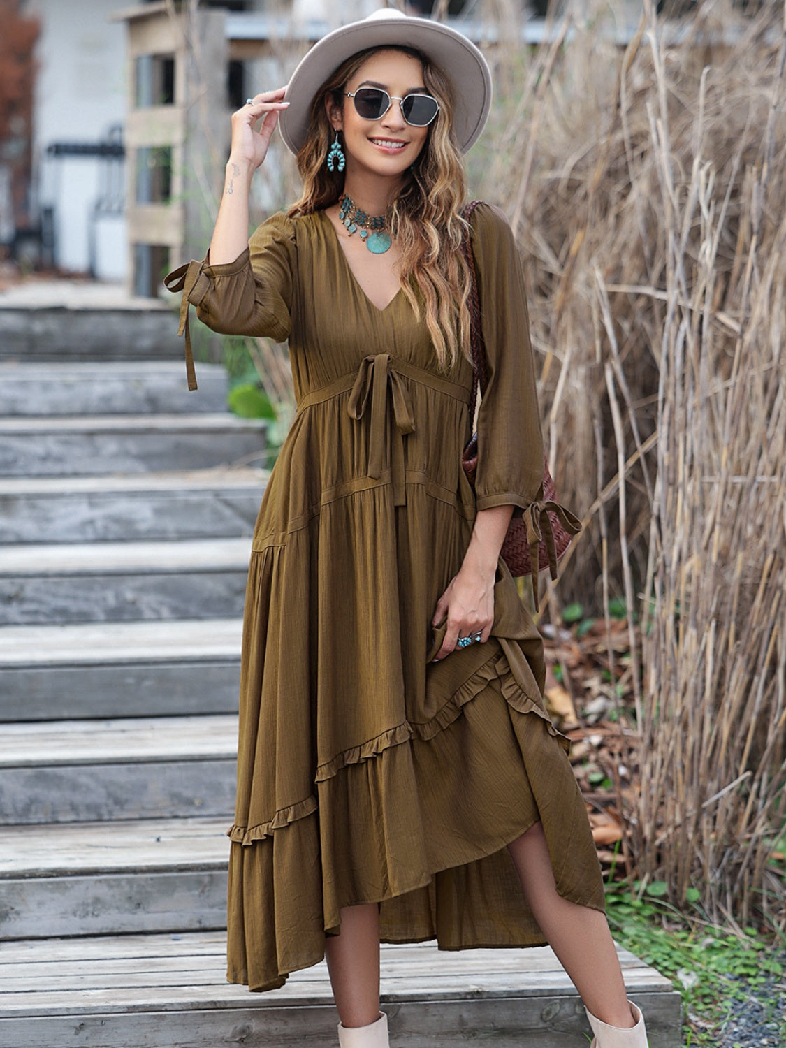 Ruched Frill Long Sleeve Tiered Dress 