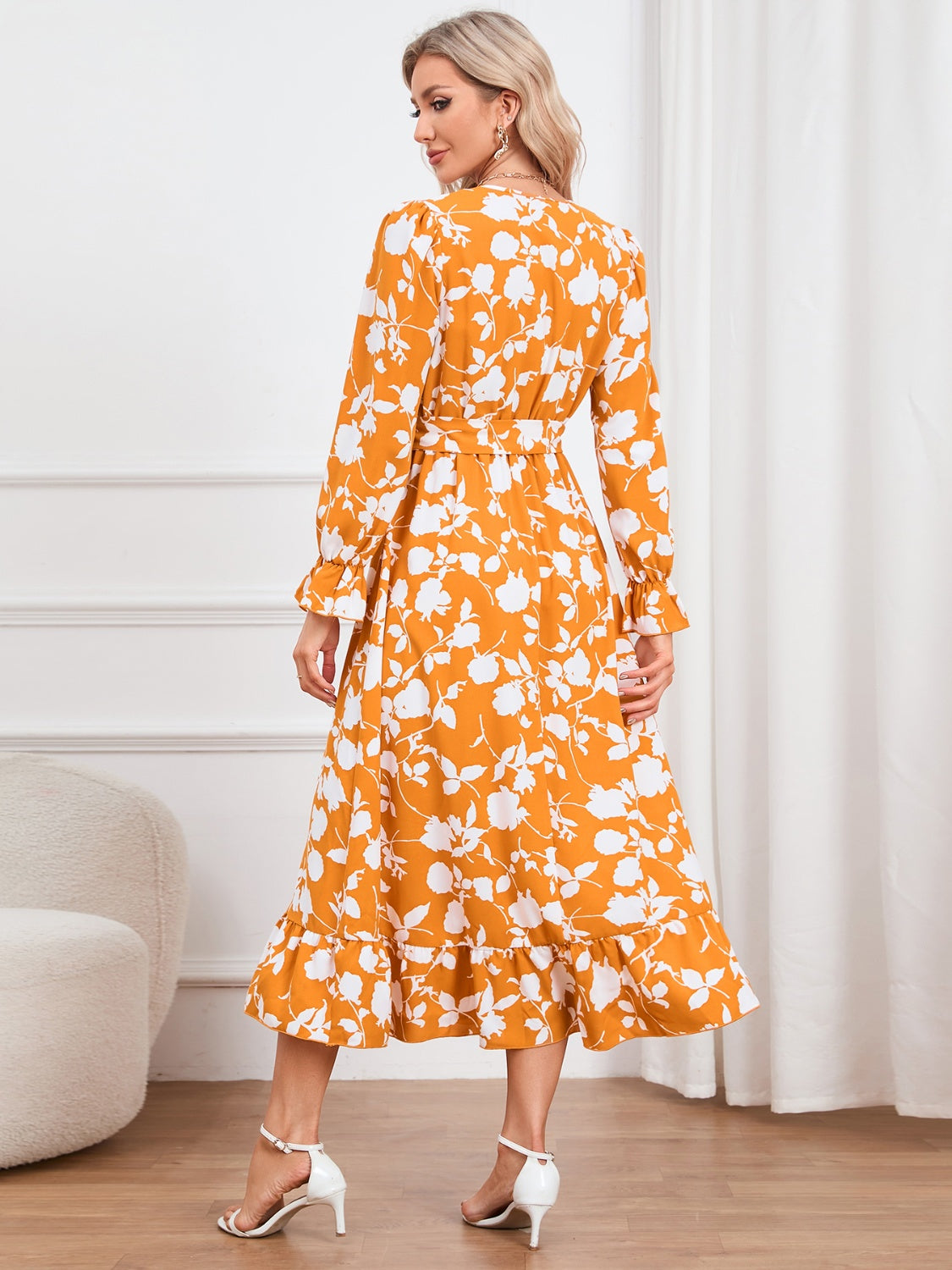 Floral Surplice Flounce Sleeve Ruffle Hem Dress 