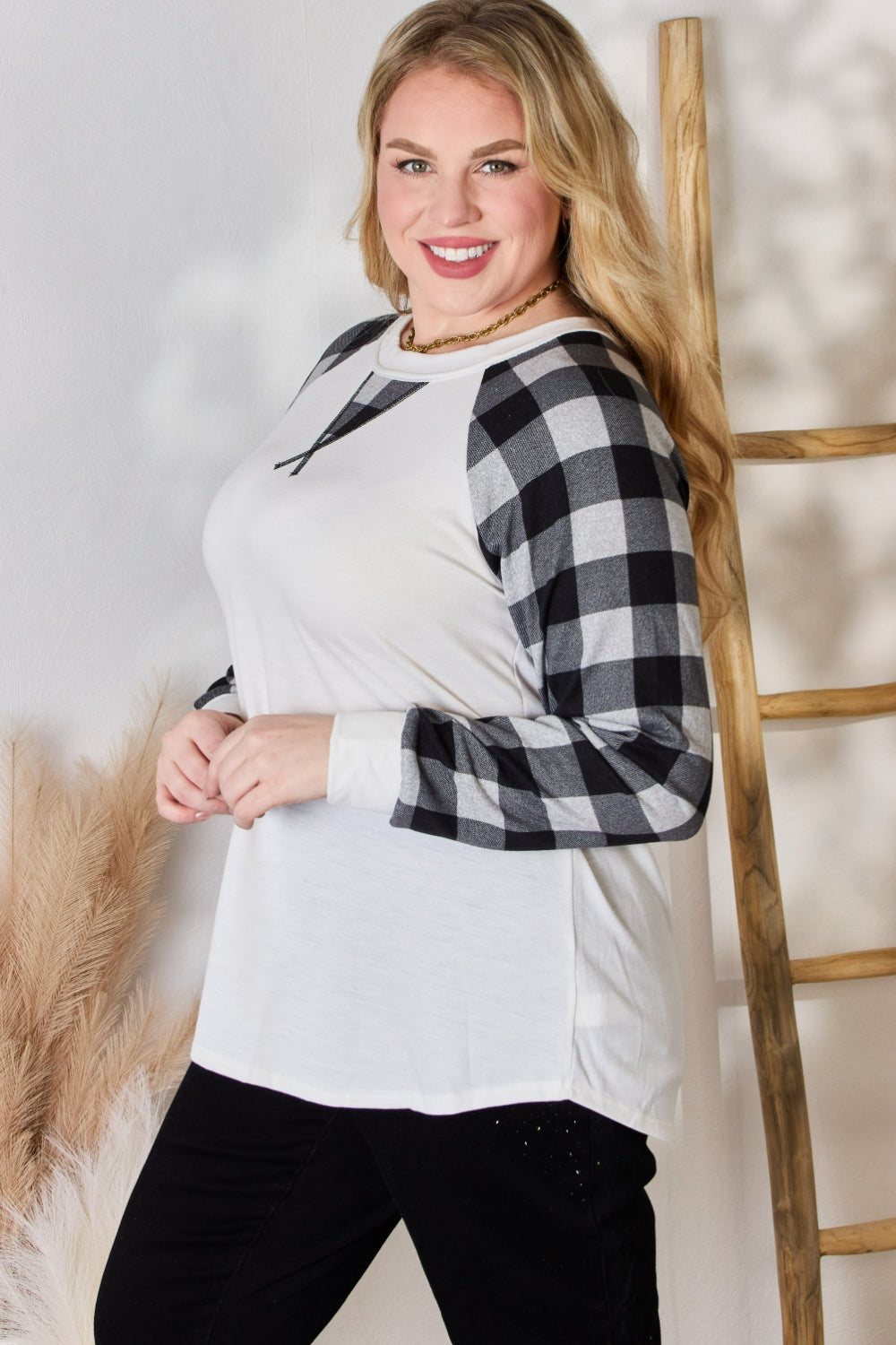 Hailey & Co Full Size Plaid Raglan Sleeve Round Neck Blouse 