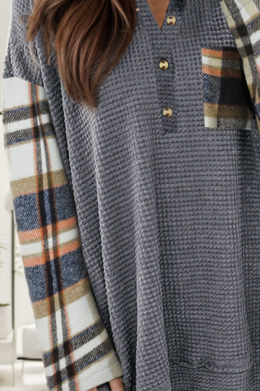 Waffle-Knit Pocketed Plaid Dropped Shoulder Blouse 