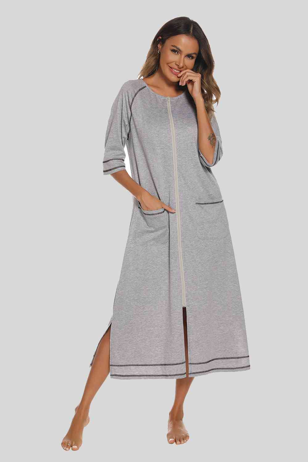 Zip Up Slit Round Neck Night Dress with Pockets 