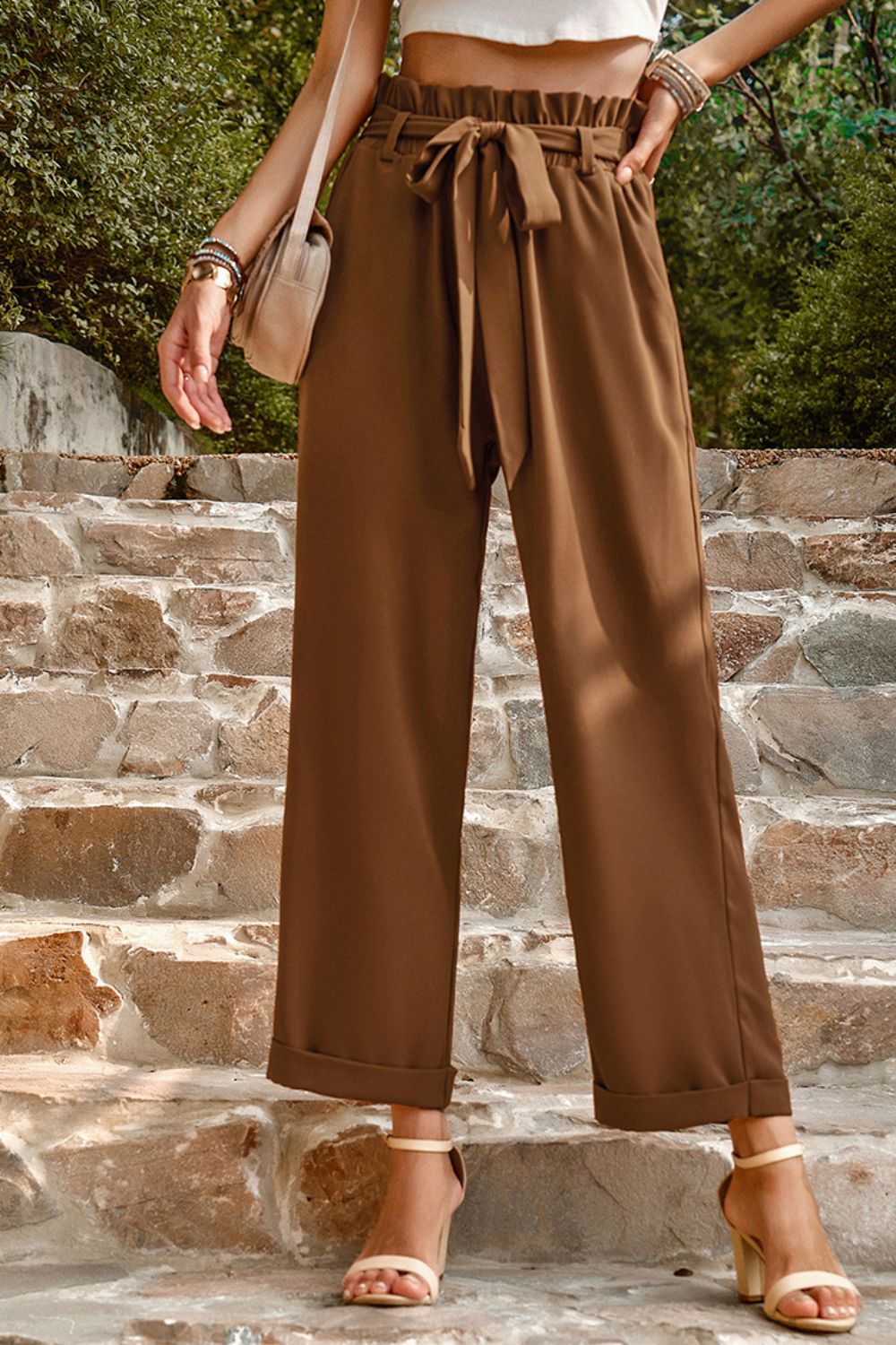 Tie Belt Paperbag Waist Straight Leg Pants 