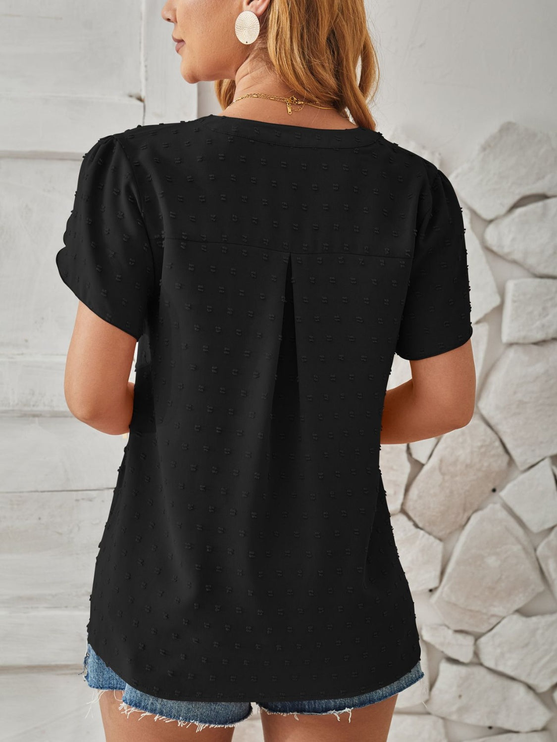 Swiss Dot Notched Petal Sleeve T-Shirt 