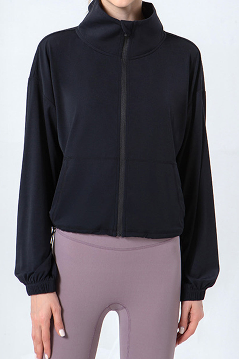 Drawstring Zip Up Dropped Shoulder Active Outerwear 