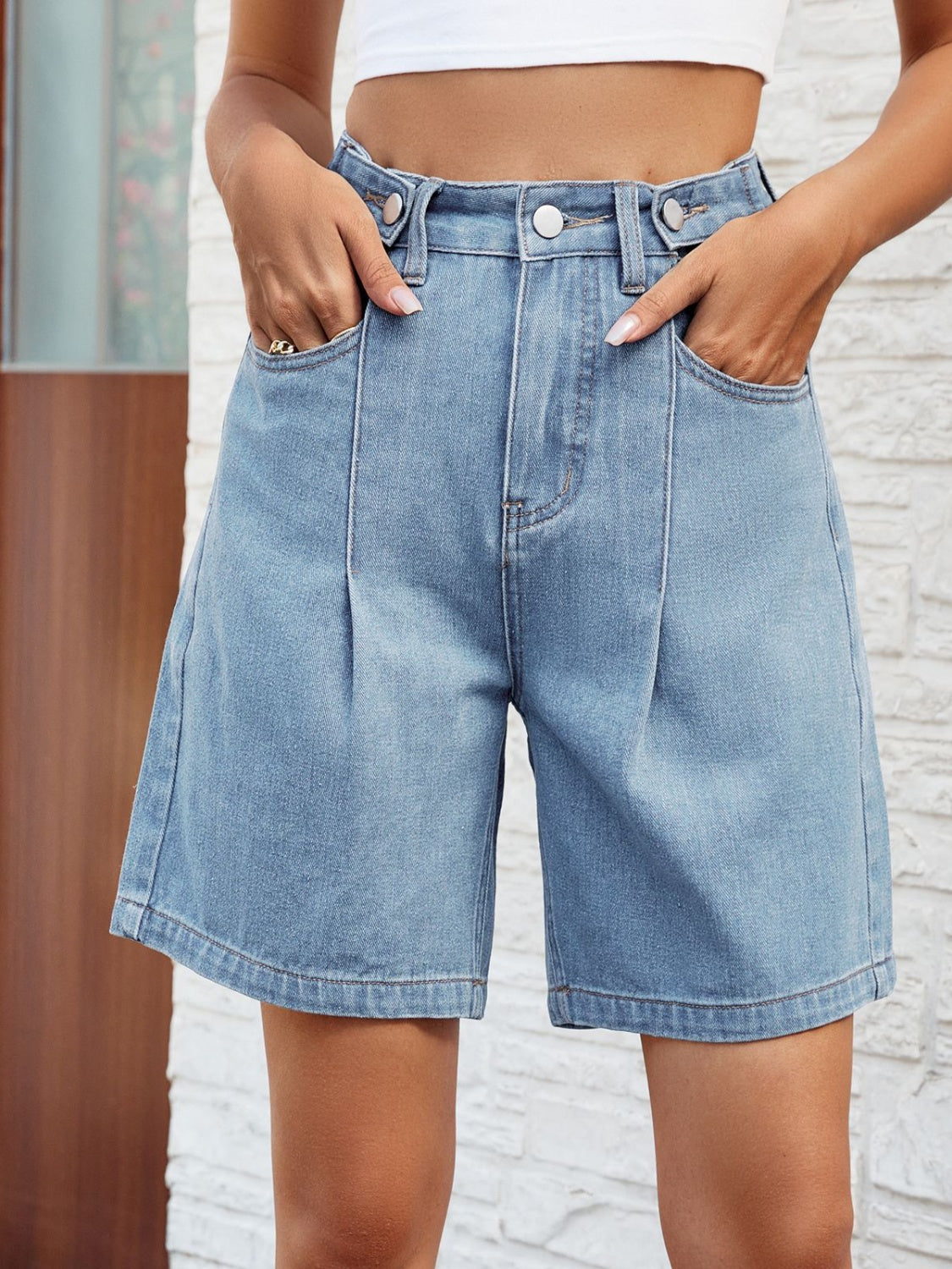 High Waist Denim Shorts with Pockets - Babbazon