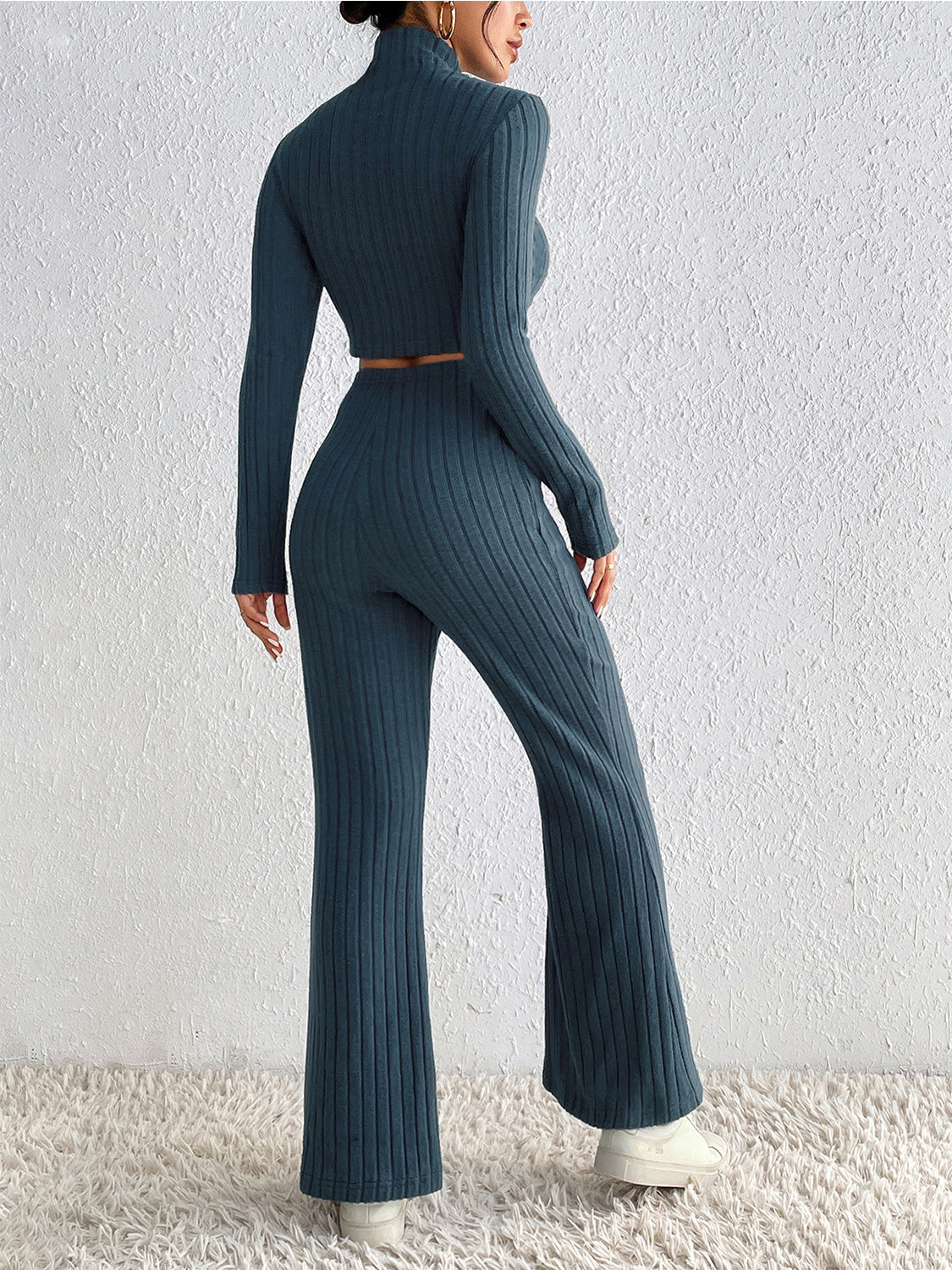 Ribbed Mock Neck Cropped Sweater & High Waist Pants Set 