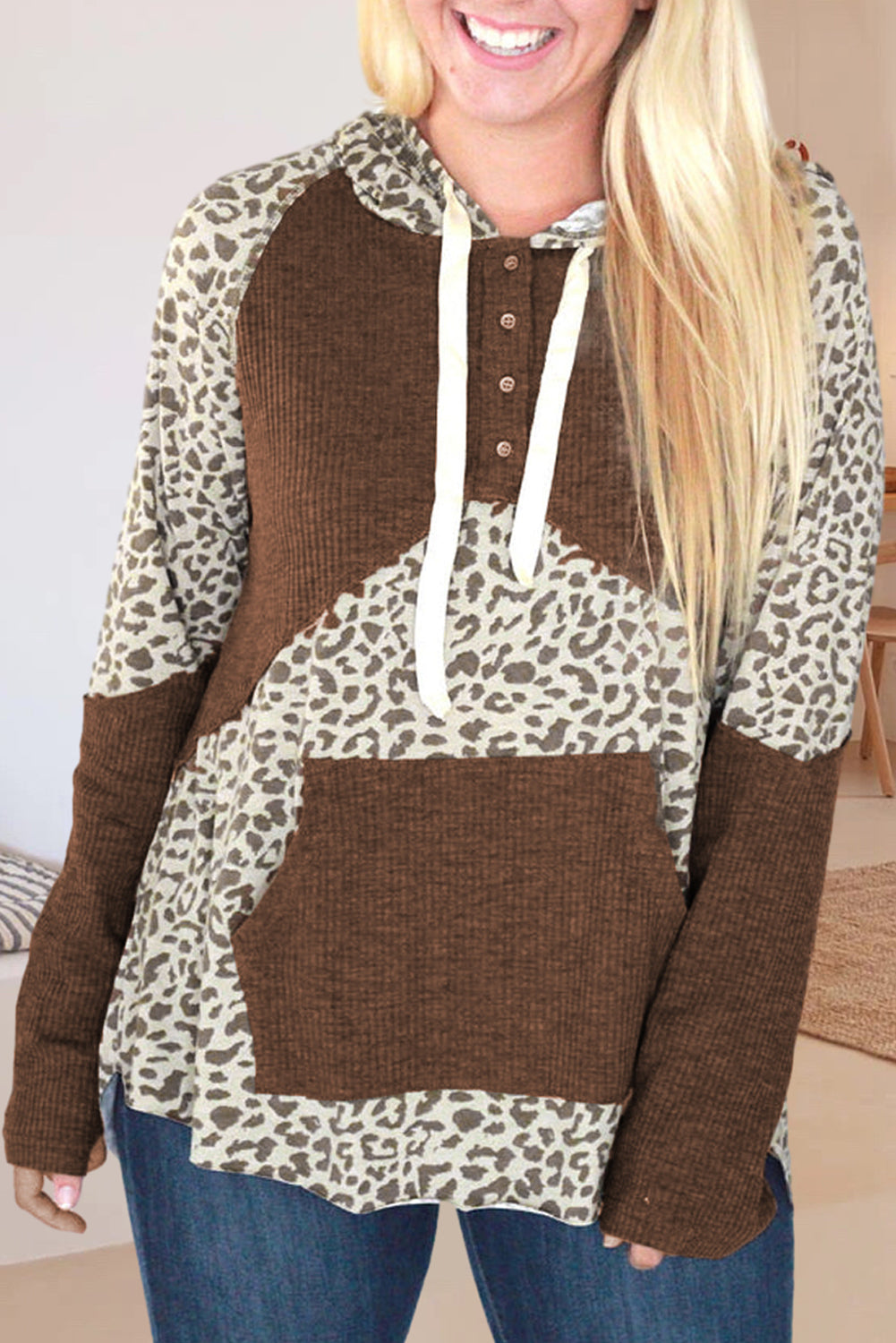 Drawstring Leopard Long Sleeve Hoodie 