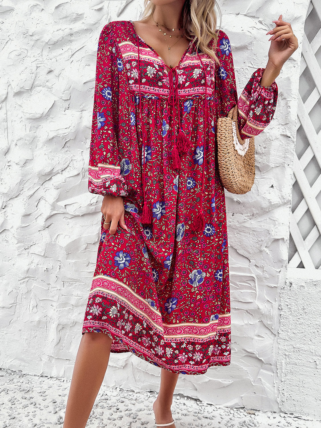 Tassel Tied Printed Long Sleeve Dress 