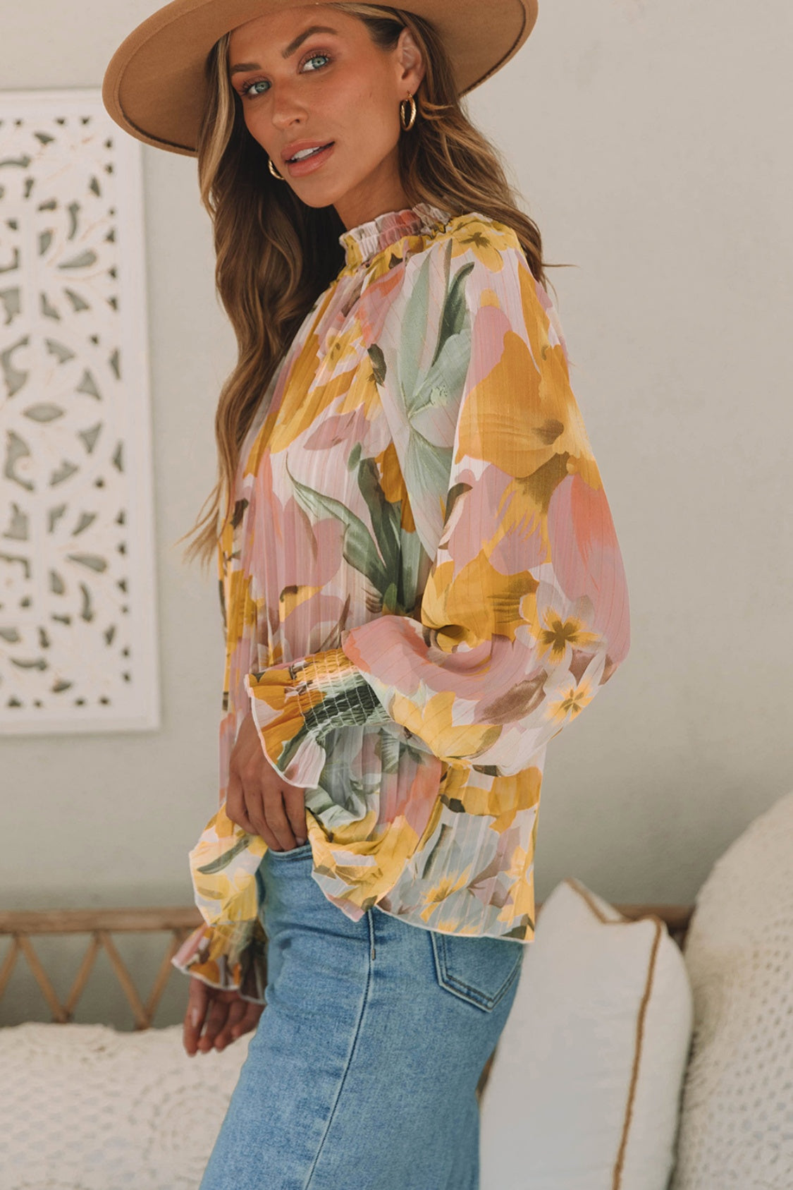 Floral Smocked Mock Neck Pleated Blouse 