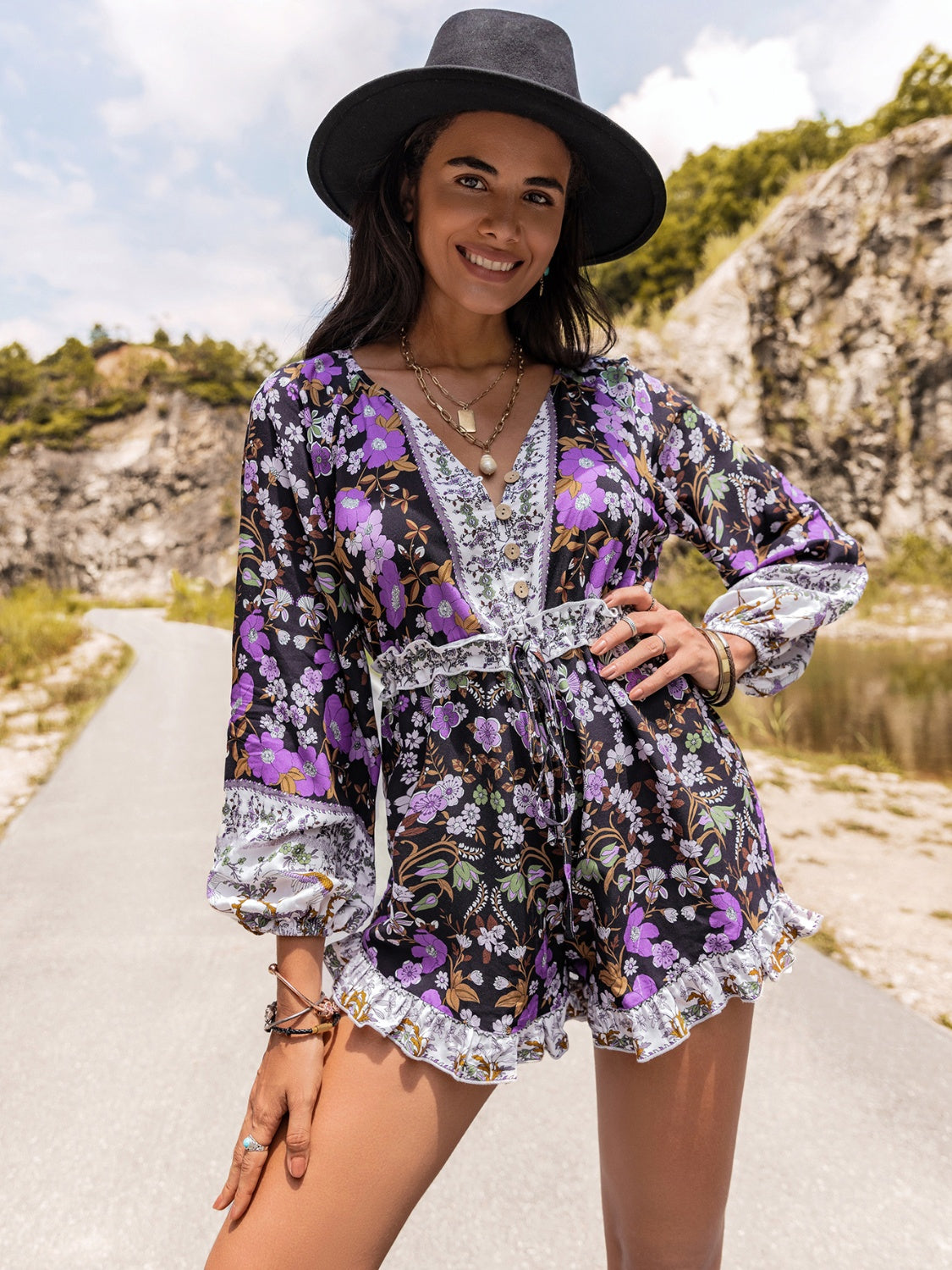 Printed Frill Half Button Balloon Sleeve Romper 