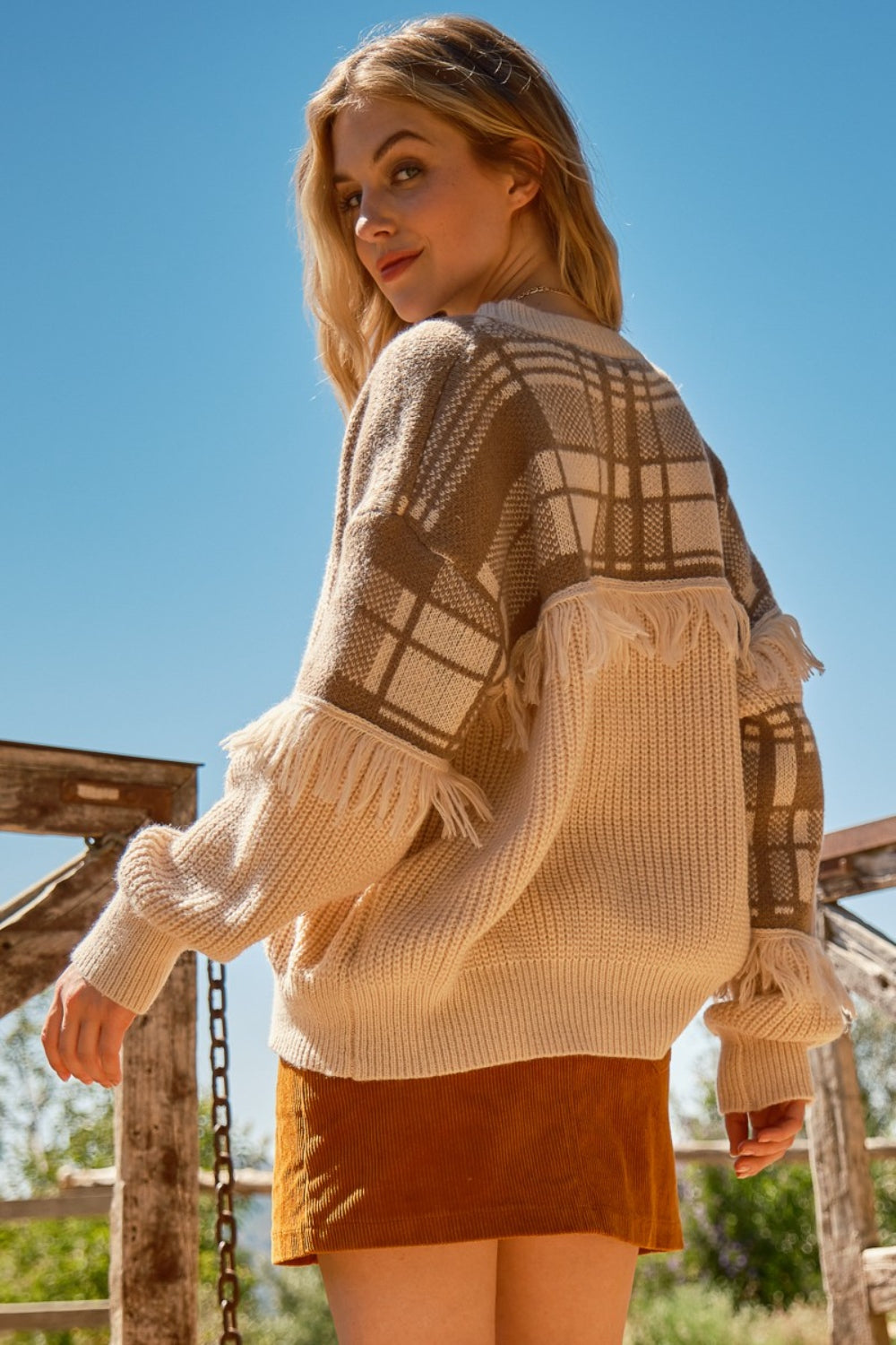 And The Why Plaid Pattern Color Block Fringe Sweater 